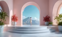 a woman in white standing on steps to the cliff