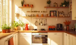 the kitchen counter has many different pots and pans