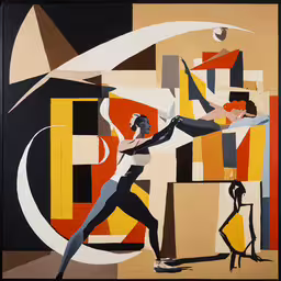 a painting on display with two women standing by it,an abstract art work that uses modern, abstract art and a female figure in an artistic fashion