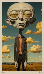 a photo of a man wearing a suit and tie in the sky with an odd face on top