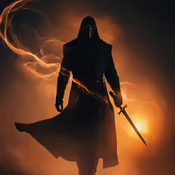 the dark knight in the middle of flames and a sun