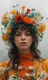 a woman wearing an orange dress with flower wreaths on her head