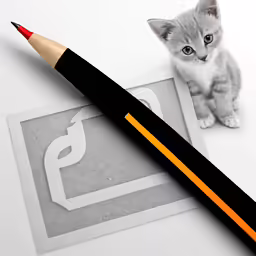 a cat sitting on the floor next to a pencil