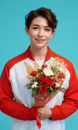 a beautiful woman in a red and white jacket holding a bouquet of flowers