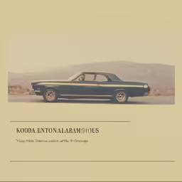 a poster for an older car in the desert