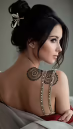 a woman wearing a backless neck tattoo with beads