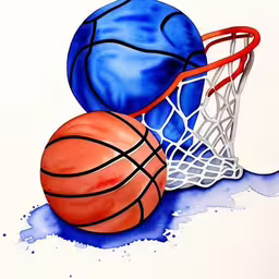 a painting of some balls in a hoop,two basketballs and a basketball ball in the hoop,three basketballs next to a basket on a white paper,watercolor illustration of three balls in a basket,two basketballs in a basket and one basketball is stuck in it