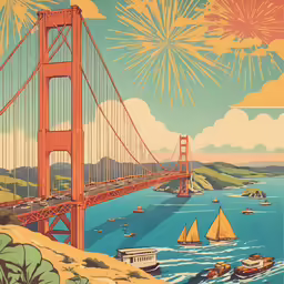 an old fashioned poster depicts golden gate bridge