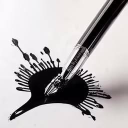 an ink blotch of black paint, laying on a white table