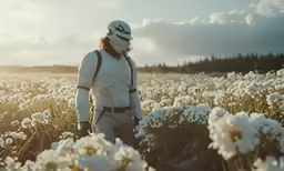 man wearing white space suit walking in a field of flowers