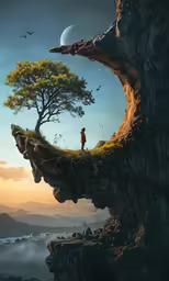 the person stands in the middle of the tree, surrounded by a surreal rock formation