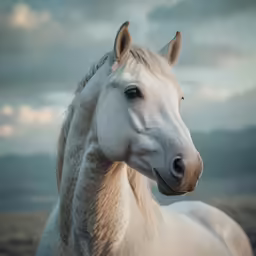 a white horse with long mane and dark clouds in the background