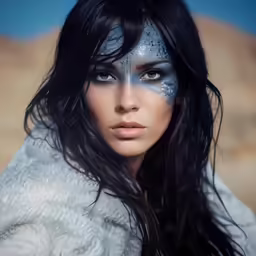 a girl is wearing blue makeup and white dress
