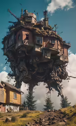 a building floating over a hill with a lot of branches