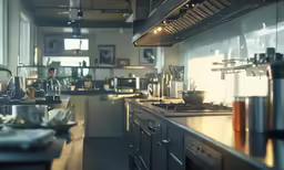 the kitchen with silver counters and stainless steel appliances is pictured
