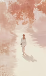 a woman walking down the middle of a dirt road