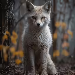 a baby fox standing in the woods with yellow flowers