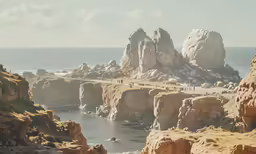 people are gathered near the ocean in the mountains