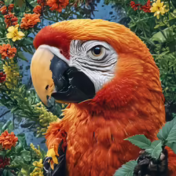 a close up of a parrot near many flowers