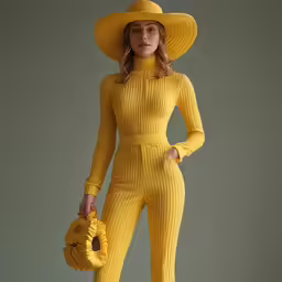 a woman in a yellow jumpsuit holding a hat
