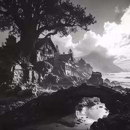 a photo of an old house and tree over a body of water