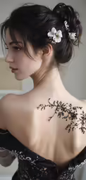the back of the woman has flowers tattooed on her shoulder