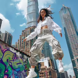 woman in white jacket jumping with graffiti on the wall,a woman jumping in the air next to graffiti