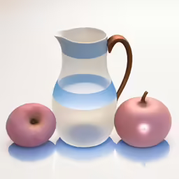 a small white vase and two smaller pink apples