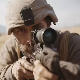 a man with a hat is aiming his gun