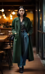 a woman in green coat and jeans standing in front of a window