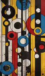a painting on wooden with several different colored circles
