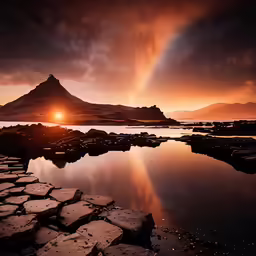 a rocky lake in front of a mountain at sunset
