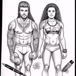 a coloring book with a man and a woman,a drawing of a couple standing next to each other,a pencil drawing of a man and woman holding hands,two people standing next to each other wearing underwear,an image of a drawing of two people