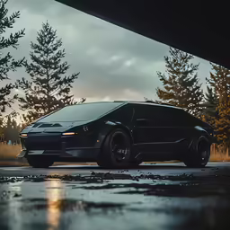 a black sport car with a full front body cover parked under a bridge