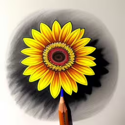 a sunflower has been colored in bright yellow,a pencil drawing of a sunflower on a white background,a drawing of a sunflower on the table with a pencil and ink,a drawing of a sunflower with a pencil in front,drawing with a pencil, the sunflower in the center of a circle