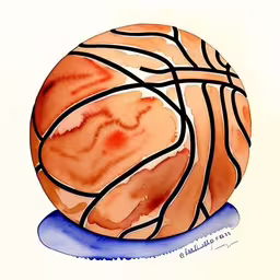 a watercolor drawing of a basketball ball with blue and red lines around it,watercolor painting of a basketball on a white background