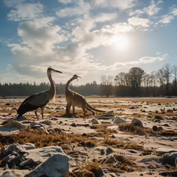 two birds standing on sand and rocks together