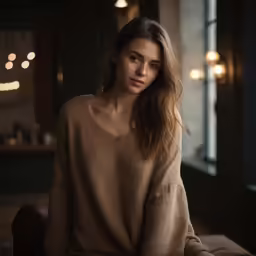 a woman with long hair and tan sweater