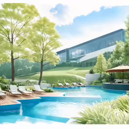 a hotel with a swimming pool with lawn chairs