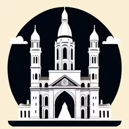 the building with three spires has white arches and a tower on the front,a building with two tall towers and large towers
