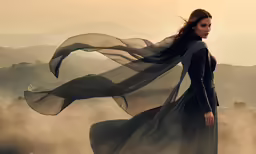 the beautiful woman has her long black dress and coat on