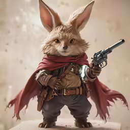 a stuffed animal dressed up as a rabbit holding a gun