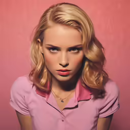 a woman with blonde hair and a pink shirt on