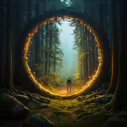 man in the forest looking at the camera through a ring of lights