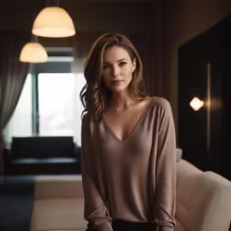 a young woman in a tan sweater and black jeans