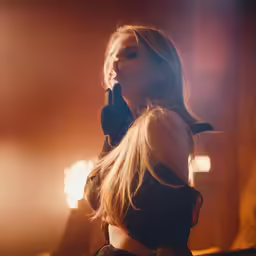 a blonde woman with her hair in the air