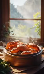 a metal container with baked goods on a table