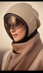 a woman wearing a helmet and scarf next to a beach