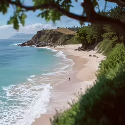 a beach with waves and trees near it