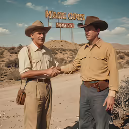 two men standing in front of a desert sign and one is shaking the hand